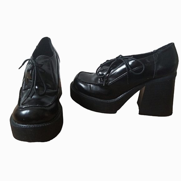 Vintage 90s Y2K Chunky Lace Up Platform Heel Oxford Loafers Round Toe Size 10 - Picture 6 of 10
